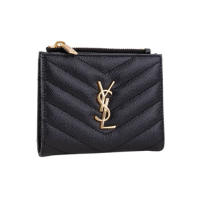 YSL MONOGRAM 魚子醬粒面壓紋對釦式短夾(金字-黑色)