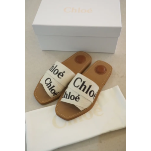 Chloe 蔻依 Woody 棉質織布 平底 拖鞋 白色